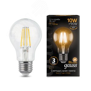 Лампа светодиодная филаментная LED 10 Вт 930 лм 2700К AC185-265В E27 А60 (груша) теплая  Black Filament Gauss 102802110 GAUSS - 3