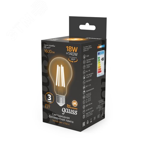 Лампа светодиодная филаментная LED 18 Вт 1600 лм 2700К А60 груша теплый E27 AC 220В прозрачная колба Black Filament - фото 12