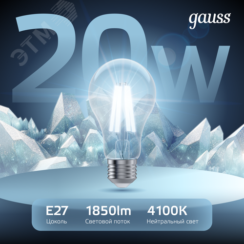 Лампа светодиодная филаментная LED 20 Вт 1850 лм 4100К А60 груша нейтральный E27 AC 220В прозрачная колба Black Filament - фото 3