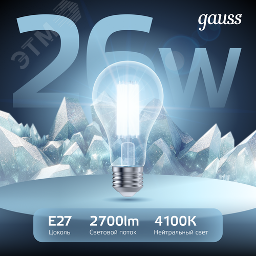 Лампа светодиодная филаментная LED 26 Вт 2700 лм 4100К А70 груша нейтральный E27 AC 220В прозрачная колба Black Filament - фото 3