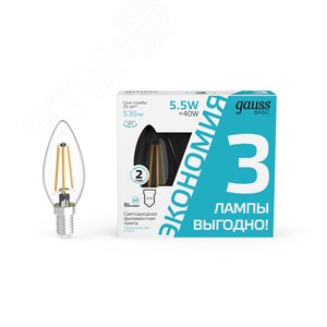 Лампа светодиодная филаментная LED 5.5 Вт 530 лм 4100К AC180-240В E14 свеча нейтральный (промоупаковка 3 лампы) Basic