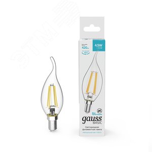 Лампа светодиодная филаментная LED 4.5 Вт 420 лм 4100К AC180-240В E14 свеча нейтральный  Basic Gauss 1041125 GAUSS - 2