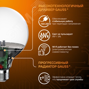 Лампа светодиодная LED 16 Вт 1480 лм 3000К шар G95 теплый E27 AC 220В Black - фото 4