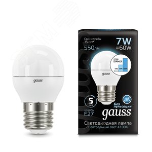 Лампа светодиодная LED 7 Вт 550 лм 4100К AC150-265В E27 шар P45 нейтральный шаговое диммирование выключателем Black 105102207-S GAUSS - 8