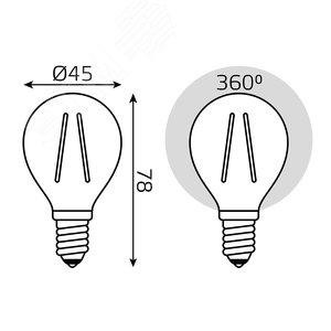 Лампа светодиодная филаментная LED 5.5 Вт 510 лм 2700К AC180-240В E14 шар P45 теплая (промоупаковка 3 лампы) Basic Gauss 1051116T GAUSS - 5