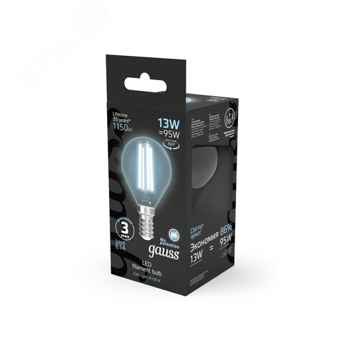 Лампа светодиодная филаментная LED 13 Вт 1150 лм 4100К шар P45 нейтральный E14 AC 220В прозрачная колба Black Filament - фото 13