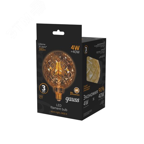 Лампа светодиодная филаментная LED 4 Вт 380 лм 2400К теплый E27 AC 220В золотистая колба Black Filament - фото 4
