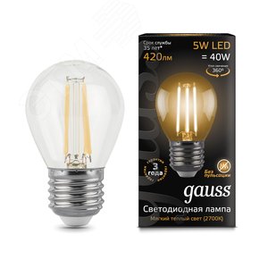Лампа светодиодная филаментная LED 5 Вт 420 лм 2700К AC185-265В E27 шар P45 теплая  Black Filament Gauss 105802105 GAUSS - 3