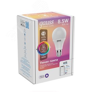 Лампа светодиодная умная 8.5 Вт 806 лм 2700-6500К AC 220-240В E27 А60 (груша) Управление по Wi-Fi, изменение цветовой температуры и диммирование Smart Home Gauss 1170112 GAUSS - 4