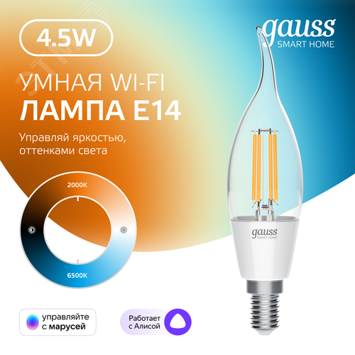Лампа светодиодная умная филаментная LED 4.5 Вт 495 лм 2000-6500К E14 AC 220В IP20 изменение цветовой температуры и диммирование управление по Wi-Fi Smart Home - фото 4