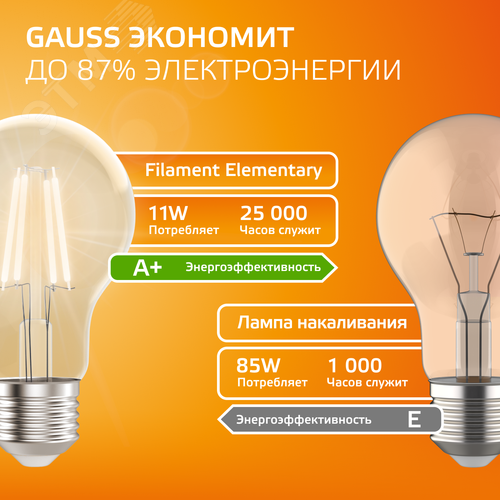 Лампа светодиодная филаментная LED 11 Вт 910 лм 2700К А60 груша теплый E27 AC 220В прозрачная колба Elementary - фото 7