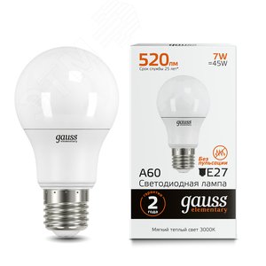 Лампа светодиодная LED 7 Вт 520 лм 3000К AC180-240В E27 А60 (груша) теплая Elementary 23217A GAUSS - 3