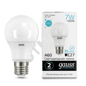 Лампа светодиодная LED 7 Вт 540 Лм 4100К белая E27 A60 Elementary Gauss (23227A)