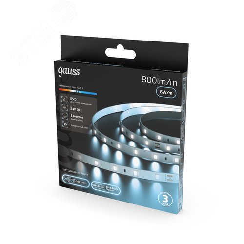 Лента светодиодная 6 Вт/м DC 24В 4000К IP20 60LED SMD2835 800 лм/м Black Gauss - фото 4