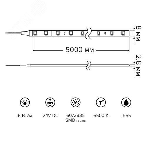 Лента светодиодная 6 Вт/м DC 24В 6500К IP65 60LED SMD2835 800 лм/м Black Gauss - фото 8