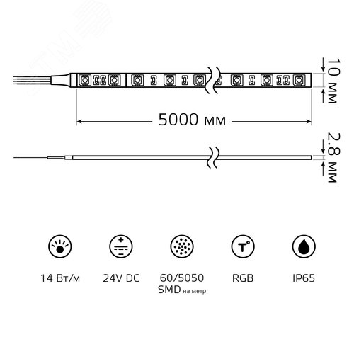 Лента светодиодная 14 Вт/м DC 24В RGB IP65 60LED SMD5050 Black Gauss - фото 9
