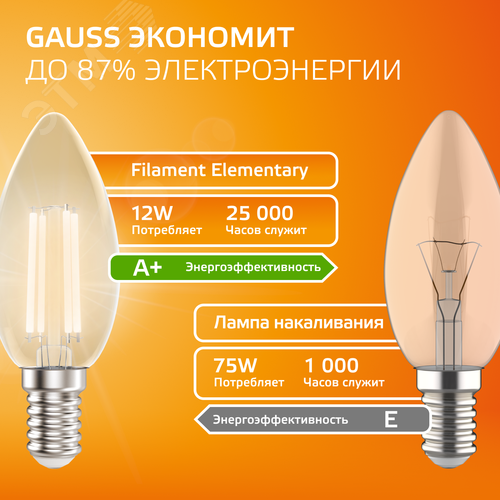 Лампа светодиодная филаментная LED 12 Вт 730 лм 2700К свеча теплый E14 AC 220В прозрачная колба Elementary - фото 7