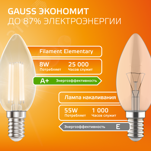 Лампа светодиодная филаментная LED 8 Вт 510 лм 2700К свеча теплый E14 AC 220В прозрачная колба Elementary - фото 7