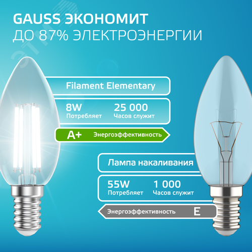 Лампа светодиодная филаментная LED 8 Вт 540 лм 4100К свеча нейтральный E14 AC 220В прозрачная колба Elementary - фото 7
