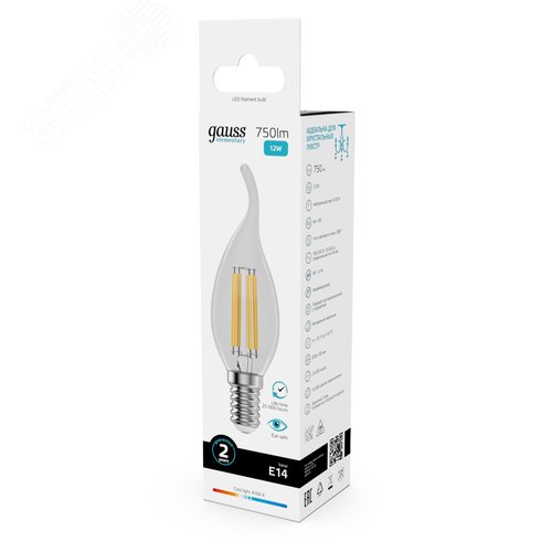 Лампа светодиодная филаментная LED 12 Вт 750 лм 4100К свеча на ветру нейтральный E14 AC 220В прозрачная колба Elementary - фото 12
