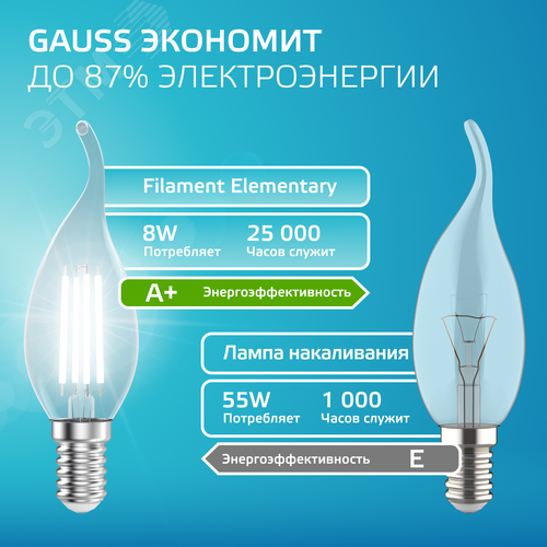 Лампа светодиодная филаментная LED 8 Вт 540 лм 4100К свеча на ветру нейтральный E14 AC 220В прозрачная колба Elementary - фото 7