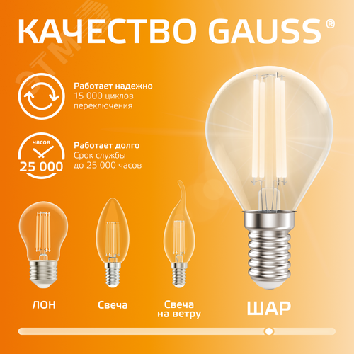 Лампа светодиодная филаментная LED 12 Вт 730 лм 2700К шар P45 теплый E14 AC 220В прозрачная колба Elementary - фото 5