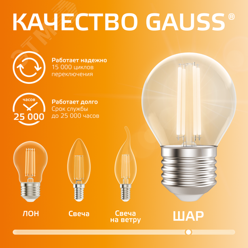 Лампа светодиодная филаментная LED 12 Вт 730 лм 2700К шар P45 теплый E27 AC 220В прозрачная колба Elementary - фото 5