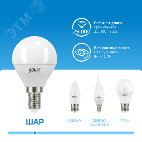Лампа светодиодная LED 12 Вт 950 лм 6500К шар P45 холодный E14 AC 220В Elementary - фото 5