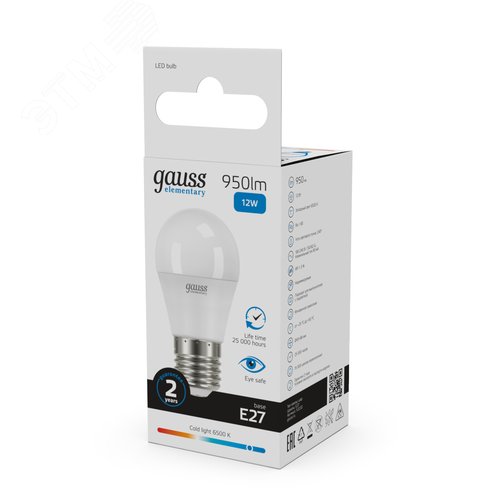 Лампа светодиодная LED 12 Вт 950 лм 6500К шар P45 холодный E27 AC 220В Elementary - фото 11