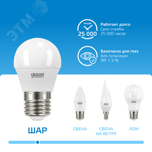 Лампа светодиодная LED 12 Вт 950 лм 6500К шар P45 холодный E27 AC 220В Elementary - фото 5