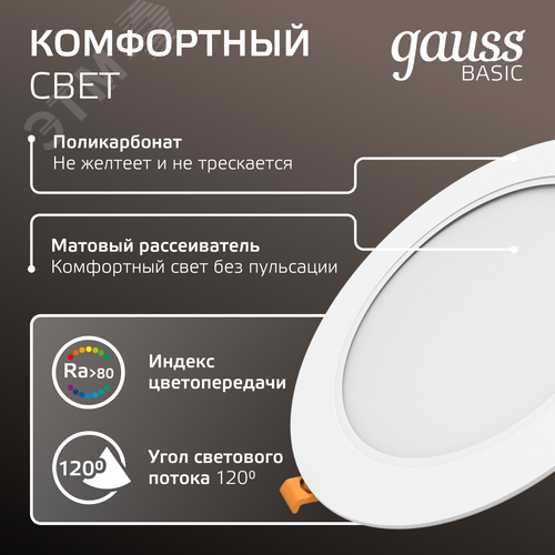Светильник светодиодный ДВО 12 Вт 1000 лм 4000К AC 220В IP20 круг D145х26мм монт d120мм Пластик Basic - фото 6