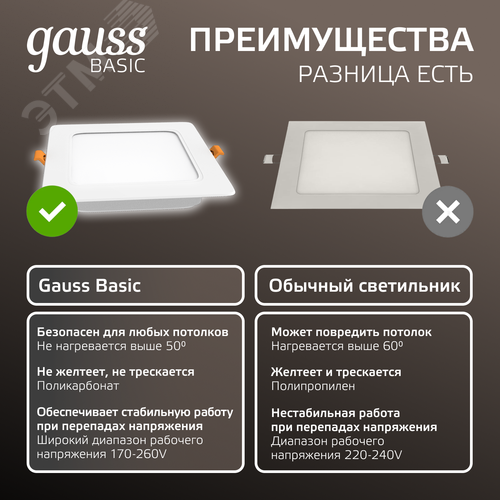 Светильник светодиодный ДВО 9 Вт 720 лм 4000К AC 220В IP20 квадрат 120х120х26мм монт разм 90х90мм Пластик Basic - фото 9