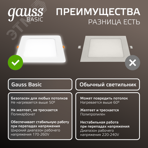 Светильник светодиодный ДВО 18 Вт 1600 лм 4000К AC 220В IP20 квадрат 170х170х26мм монт разм 140х140мм Пластик Basic - фото 9