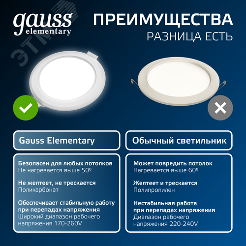 Светильник светодиодный ДВО 5 Вт 430 лм 4000К AC 220В IP20 круг D95х26мм монт d75мм Пластик Elementary - фото 9