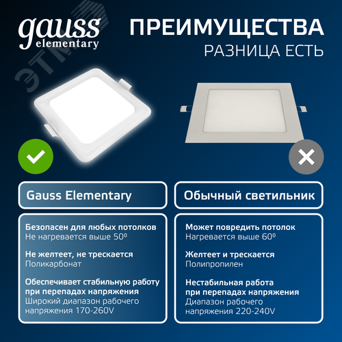 Светильник светодиодный ДВО 5.5 Вт 460 лм 4000К AC 220В IP20 квадрат 95х95х26мм монт разм 75х75мм Пластик Elementary - фото 9