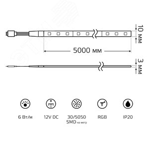 Лента светодиодная LED (комплект лента и драйвер) 5050/30-SMD 6 Вт/м 390 Лм/м RGB IP20 12 В DC 10 мм (катушка 5 м) Basic BT012 GAUSS - 8