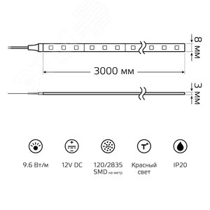 Лента светодиодная 9.6 Вт/м DC 12В Красный IP20 120LED SMD2835 (блистер 3м) 624 лм/м Basic - фото 9
