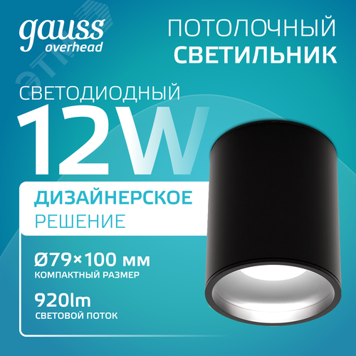 Светильник светодиодный ДБО 12 Вт 920 лм 4100К AC 220В Черный IP20 D100х100мм Алюминий Overhead - фото 2