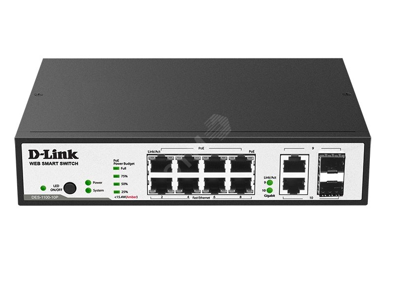Коммутатор 8 портов 10/100Base-TX PoE ports + 2 порта Combo 10/100 ...