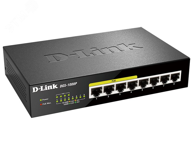 Коммутатор неуправляемый 8 портов RJ45 10 100 1000 Мб/с PoE 80Вт ...
