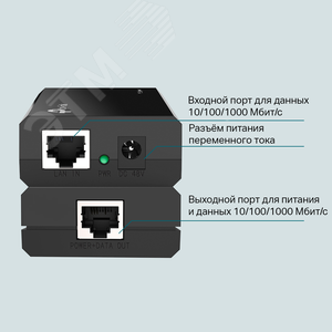 Инжектор PoE 2хRJ45 10/100/1000 Мб/с, 802.3af, до 15.4 Вт TL-PoE150S TP-Link - 3