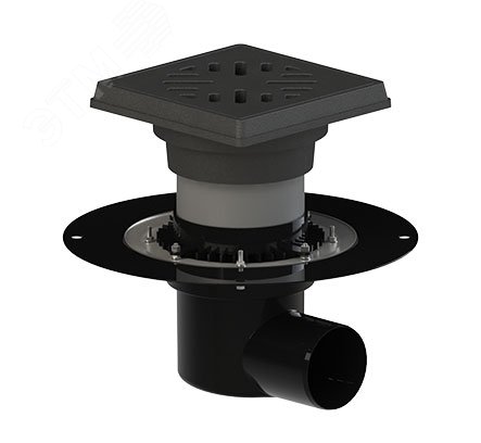 Изображение товара трап горизонтальный дворовый регулируемый тп-615h с выходным диаметром 110 мм, с прижимным фланцем, чугунной решеткой и подрамником, мусоросборником и запахозапирающим устройством (шт)