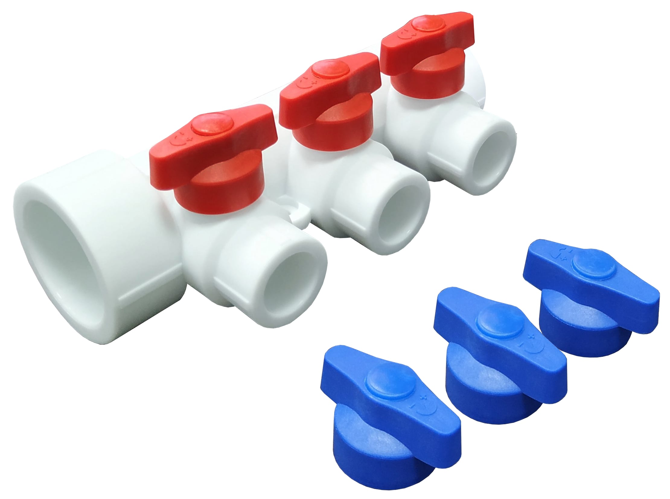 Коллектор 40x20 с 3 выходами, с отсечными кранами, полипропиленовый PPR белый