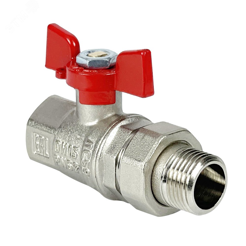 Изображение товара Кран шаровой PREMIUM латунный для воды 25 мм с бабочковой рукояткой и американкой