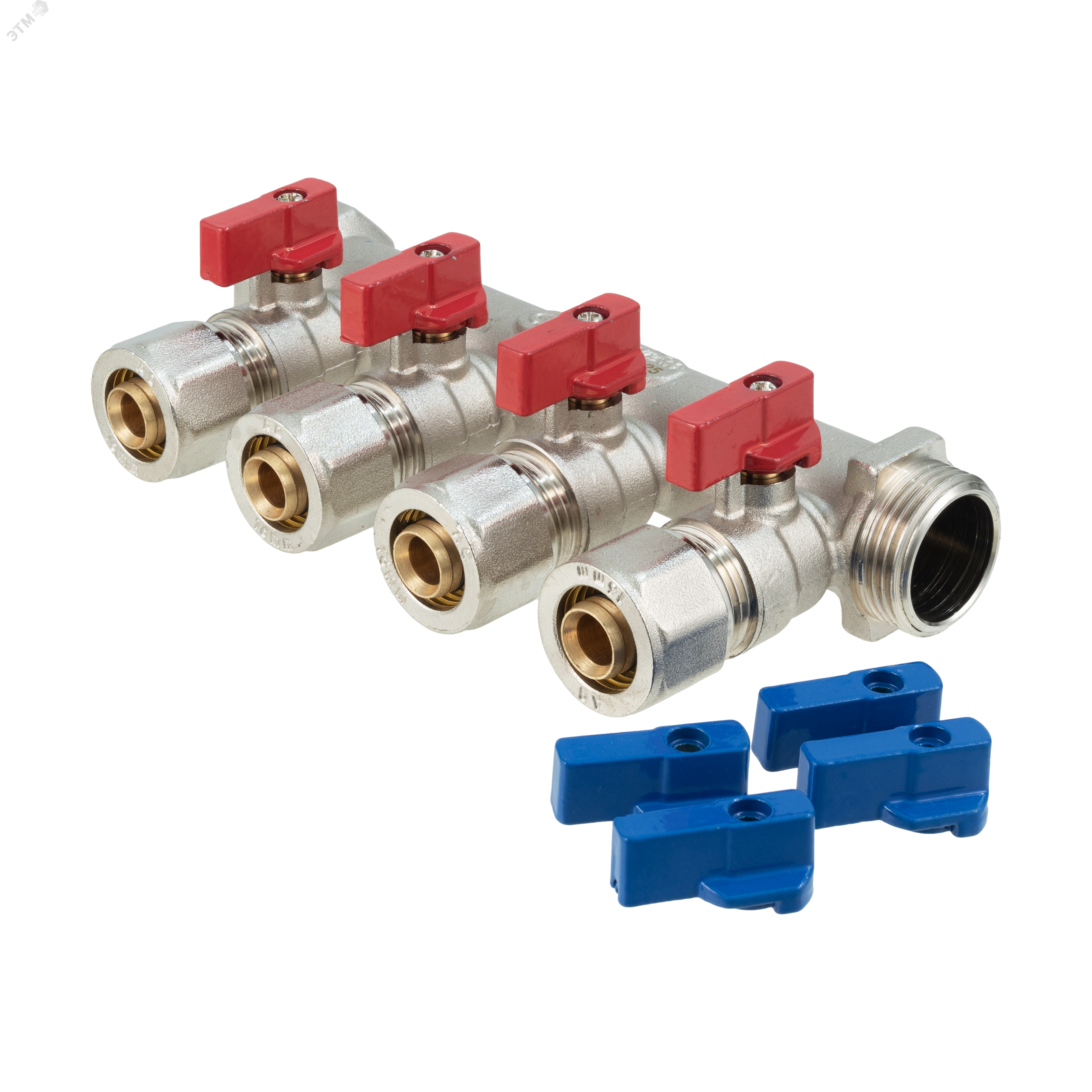 Изображение товара Коллектор для металлопластиковых труб с шаровыми кранами евроконус ВМ 3/4x3/4x16x4 (шт)