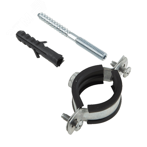 Изображение товара Комплект: хомут с гайкой, шпилька-шуруп, дюбель пластиковый 1 1/2' (47-52) (шт)