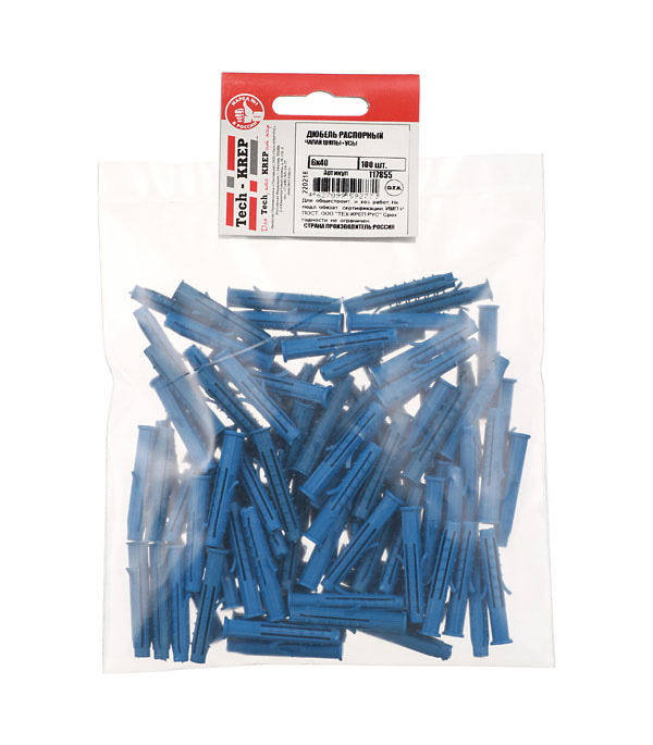 Дюбель четырехраспорный(универсальный) Чапай 6х40 шипы+усы (полипропилен) (100 шт) - пакет Tech-Krep