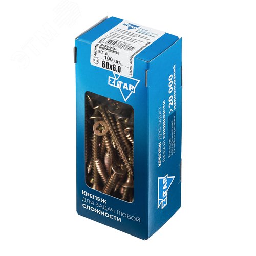 Изображение товара Шуруп универсальный 6х60 потайная головка, остроконечный, желтопассивированный (100шт) - коробка (упак)