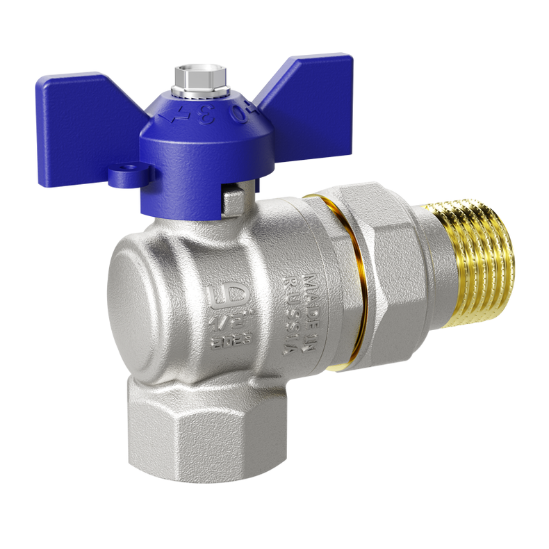 Кран шаровой латунный угловой со сгоном Ду15 Ру40 (1/2') ВН синяя ручка бабочка