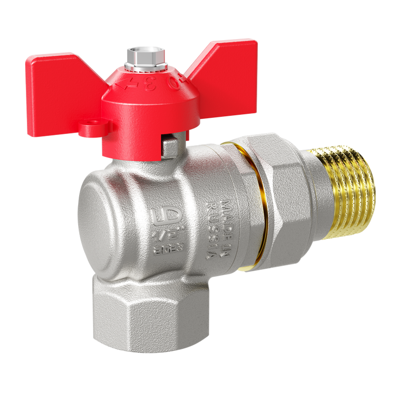 Кран шаровой латунный угловой со сгоном Ду15 Ру40 (1/2') ВН красная ручка бабочка